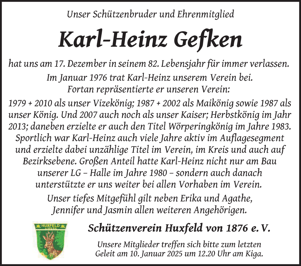 Traueranzeige von Karl-Heinz Gefken von Wuemme Zeitung