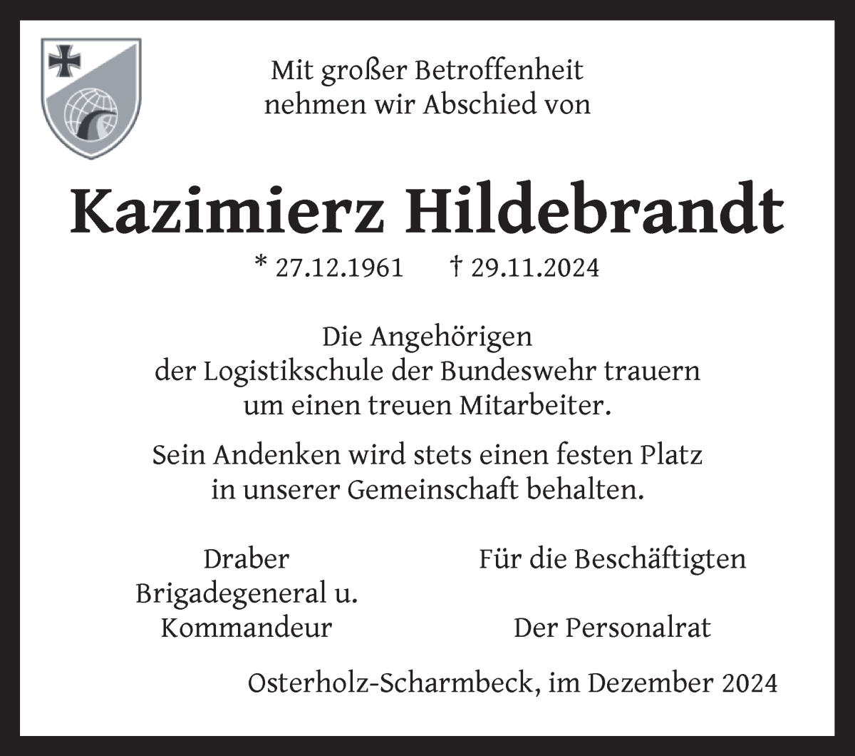 Traueranzeige von Kazimierz Hildebrandt von Die Norddeutsche