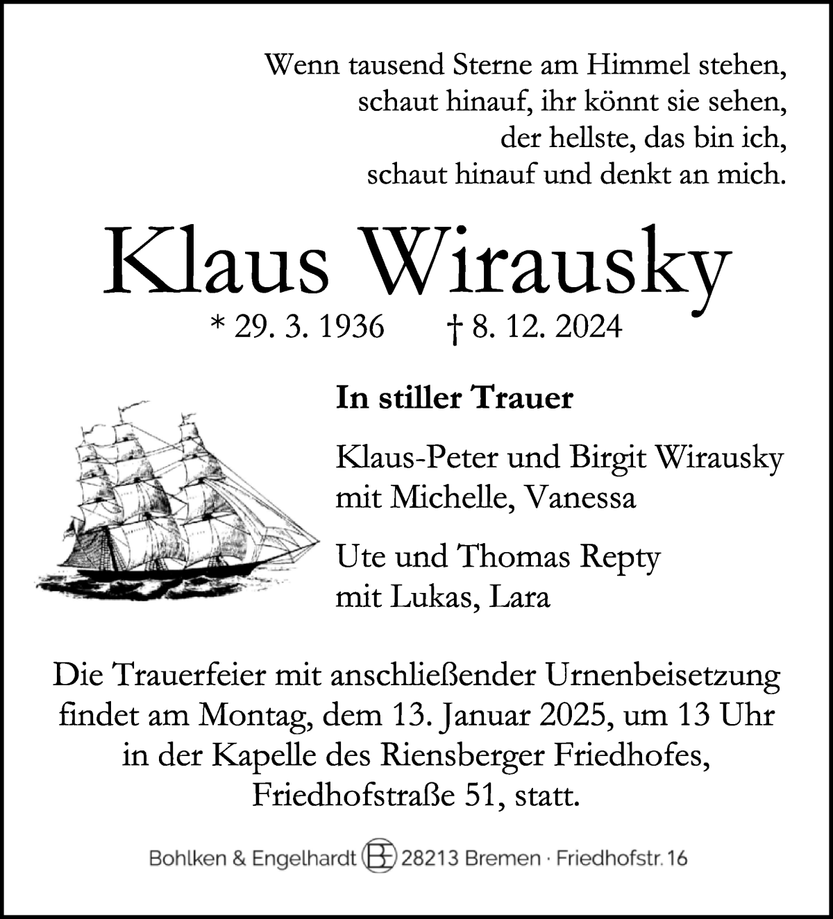 Traueranzeige von Klaus Wirausky von WESER-KURIER