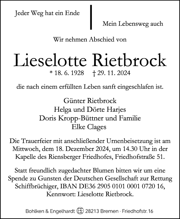 Traueranzeige von Lieselotte Rietbrock von WESER-KURIER