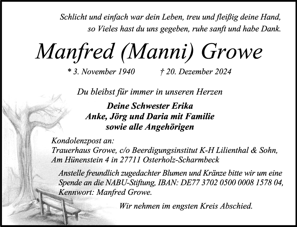 Traueranzeige von Manfred (Manni) Growe von Osterholzer Kreisblatt