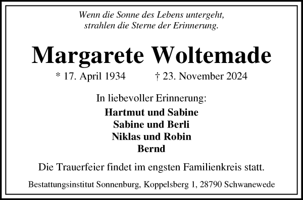 Traueranzeigen Von Margarete Woltemade Trauer Gedenken