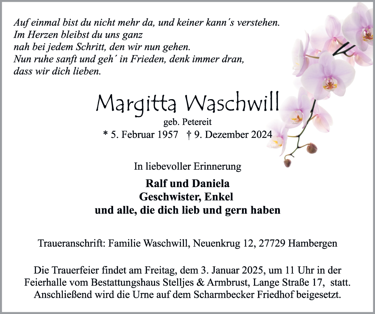 Traueranzeige von Margitta Waschwill von Osterholzer Kreisblatt