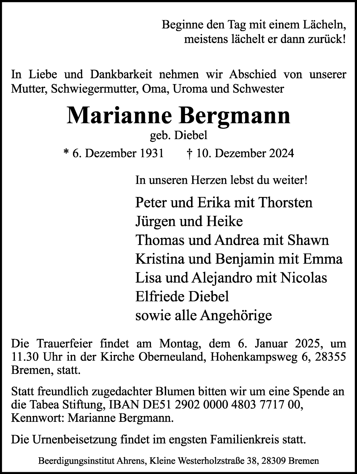 Traueranzeige von Marianne Bergmann von WESER-KURIER