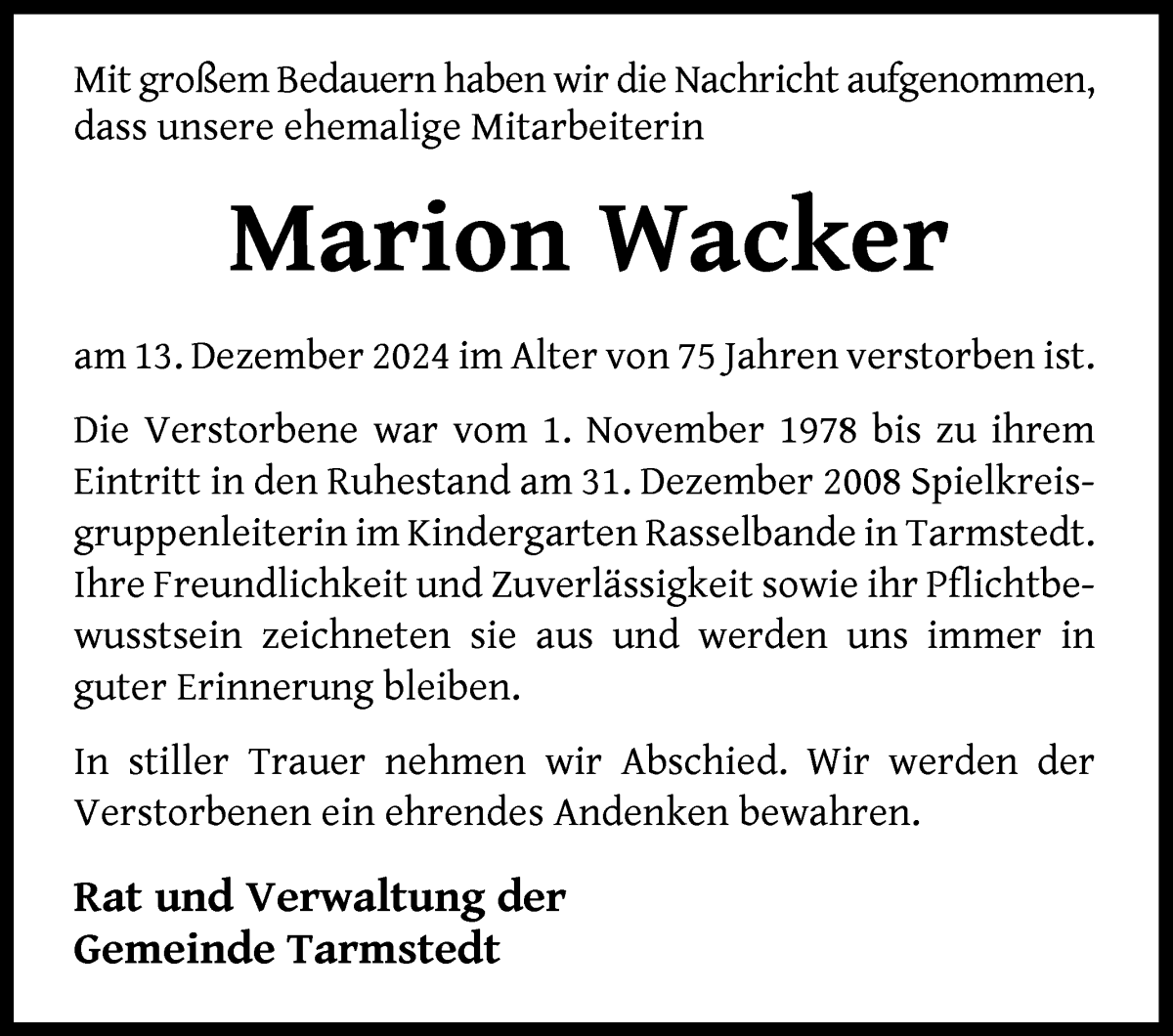 Traueranzeige von Marion Wacker von Wuemme Zeitung