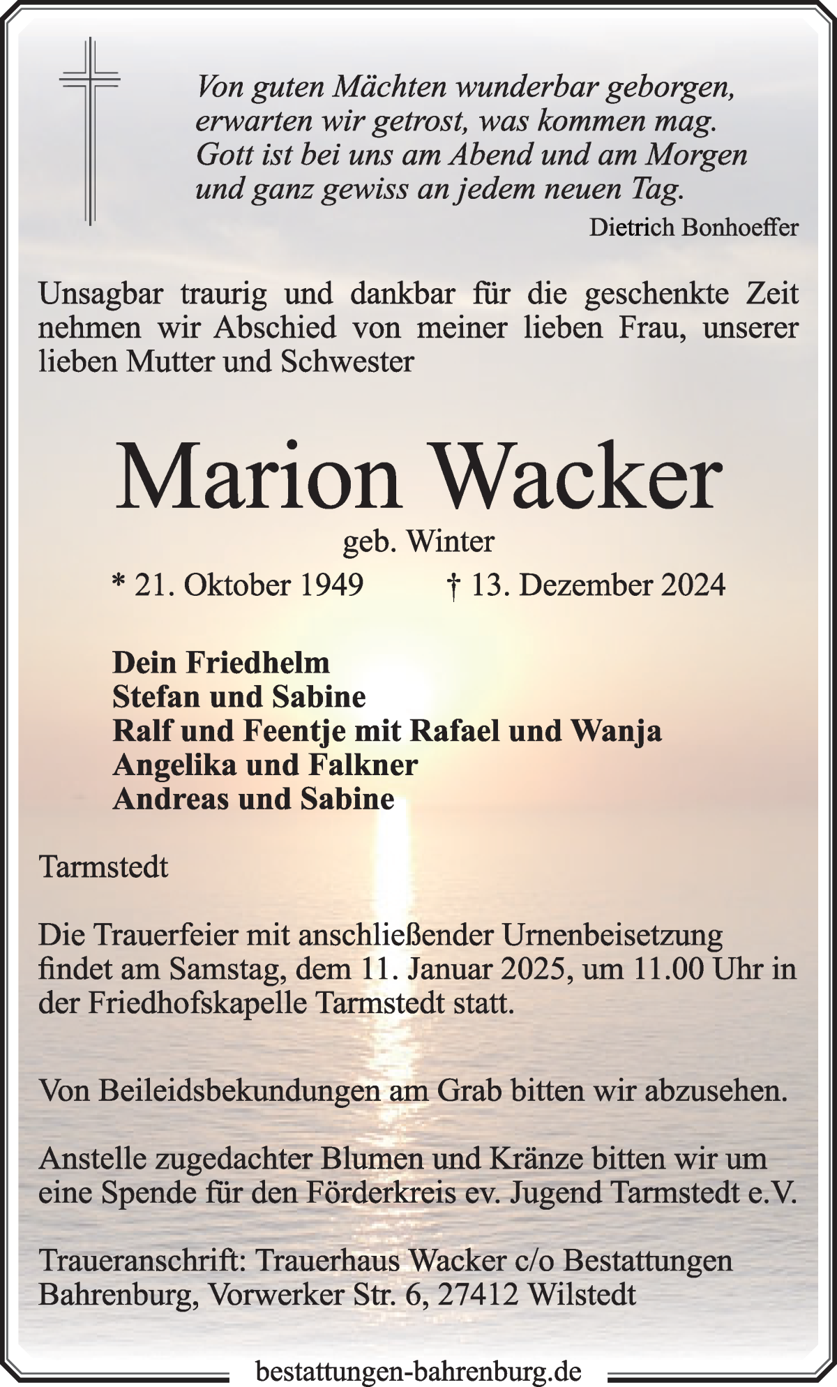 Traueranzeige von Marion Wacker von Wuemme Zeitung