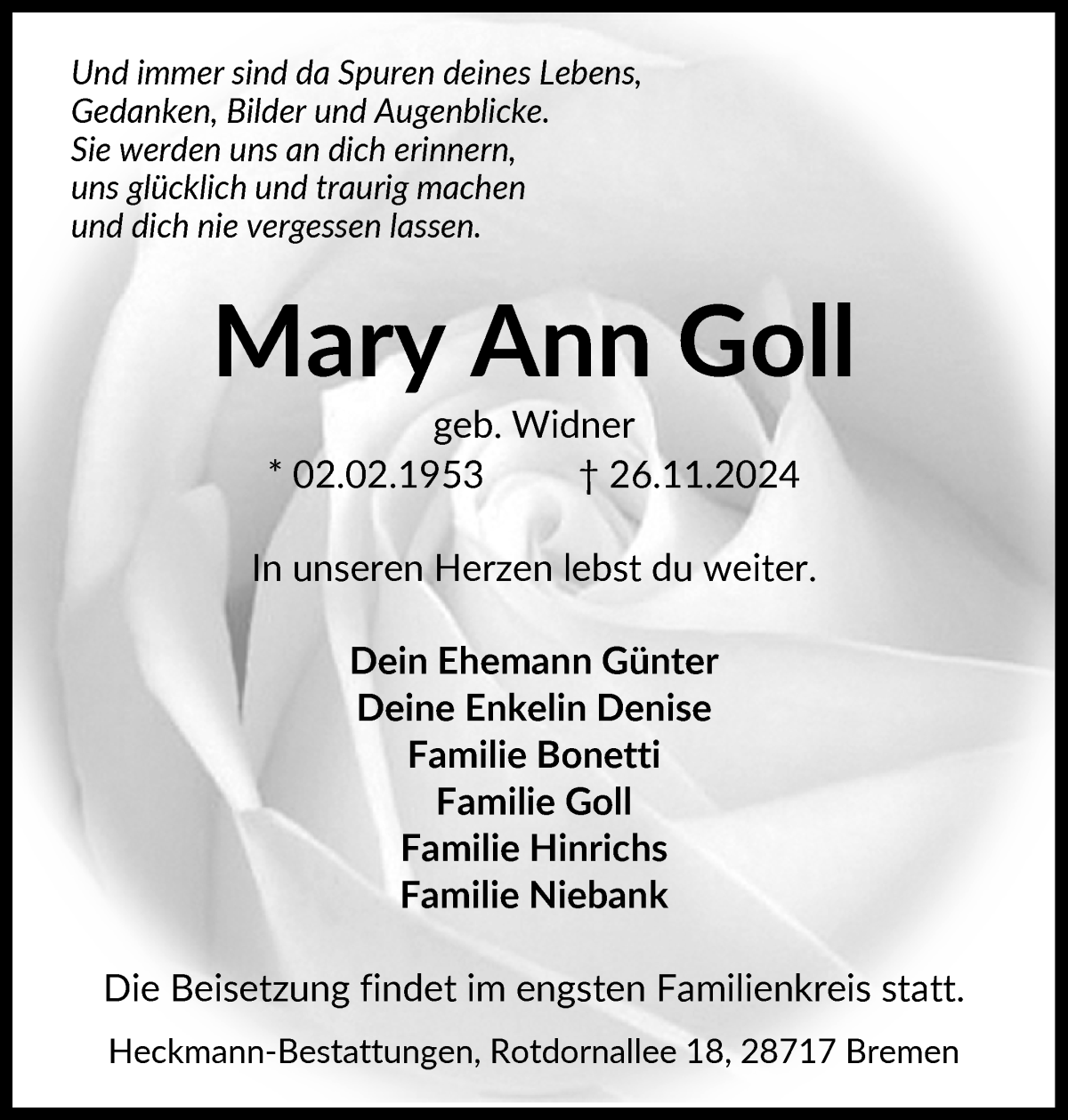 Traueranzeige von Mary Ann Goll von Die Norddeutsche