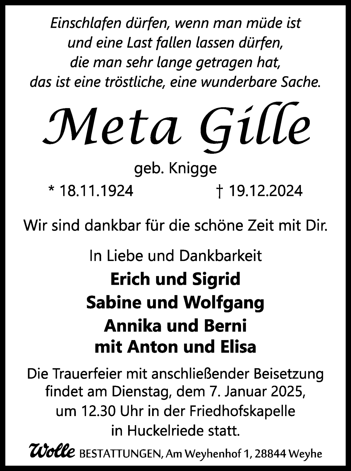 Traueranzeige von Meta Gille von WESER-KURIER