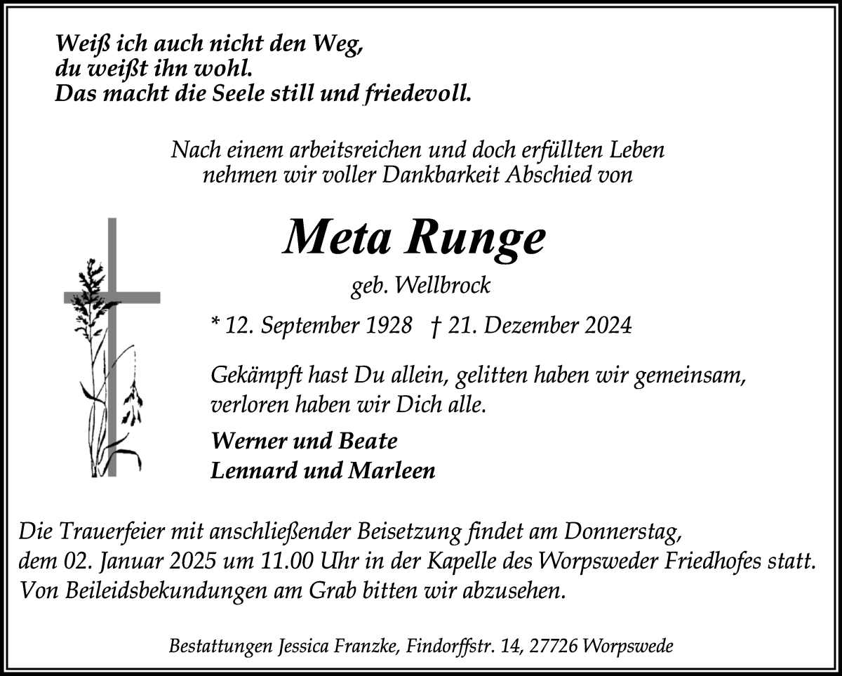 Traueranzeige von Meta Runge von Wuemme Zeitung