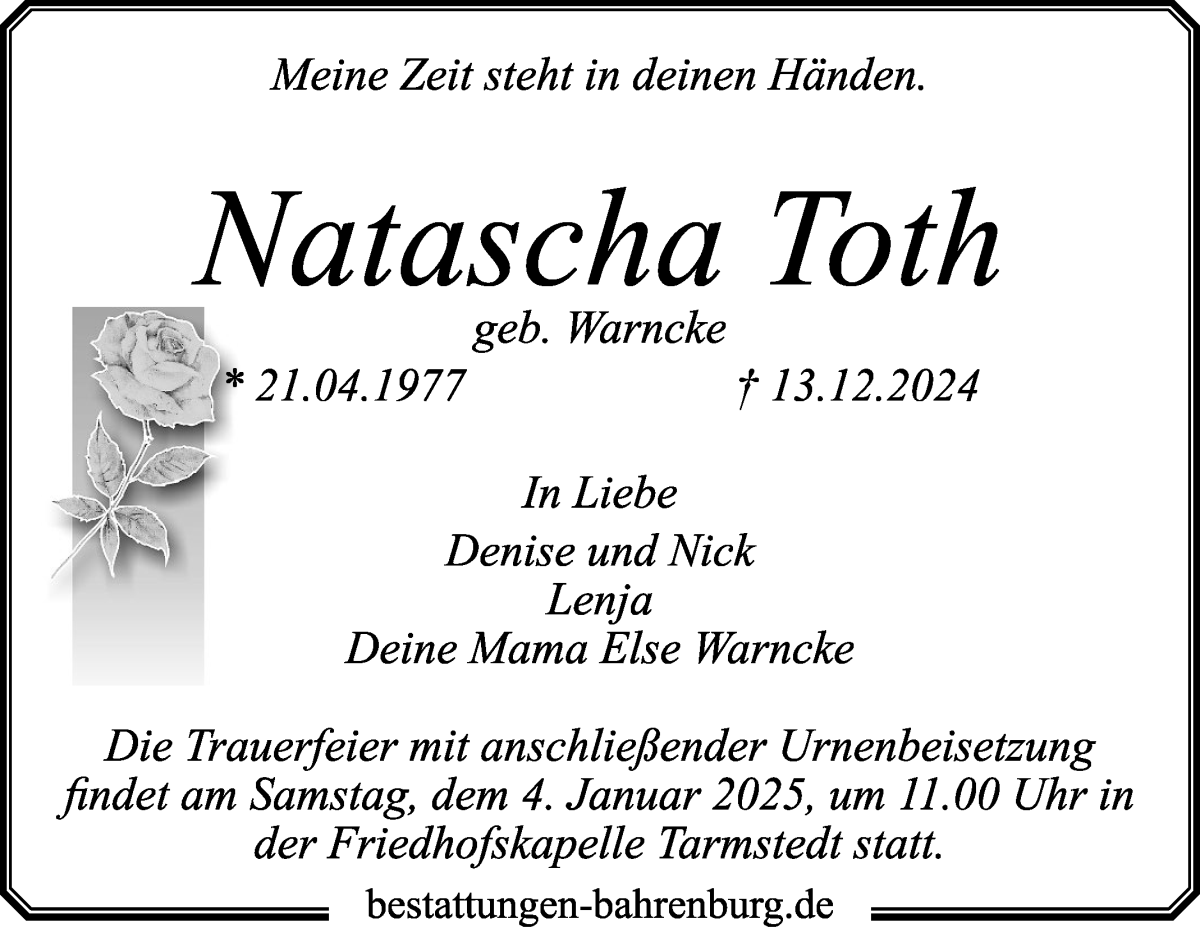 Traueranzeige von Natascha Toth von Wuemme Zeitung