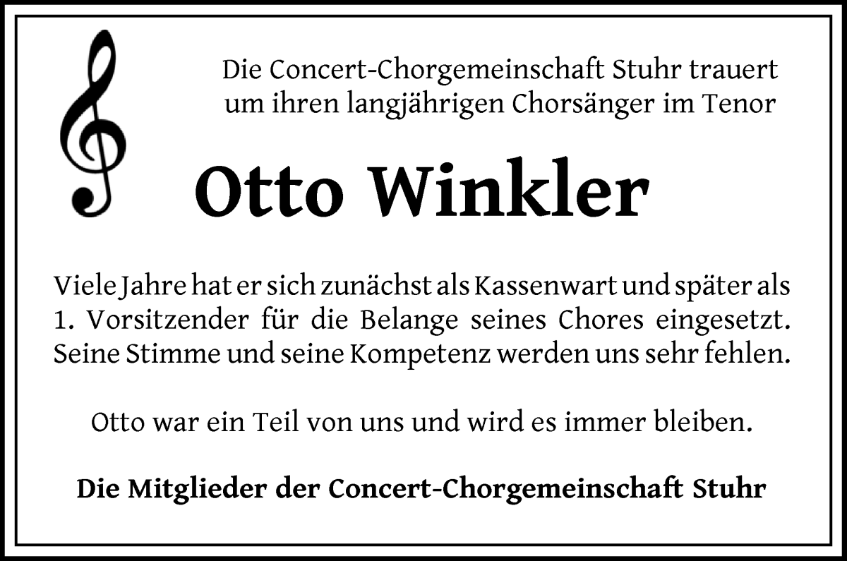 Traueranzeige von Otto Winkler von Regionale Rundschau/Syker Kurier