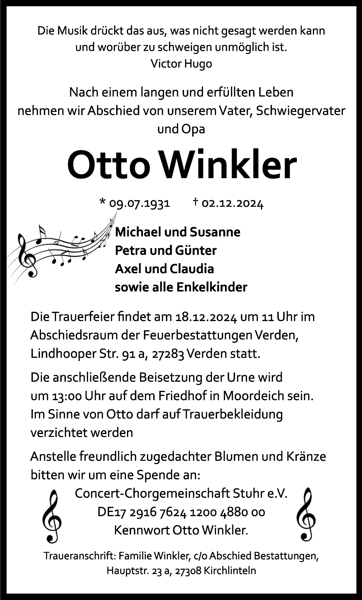 Traueranzeige von Otto Winkler von WESER-KURIER