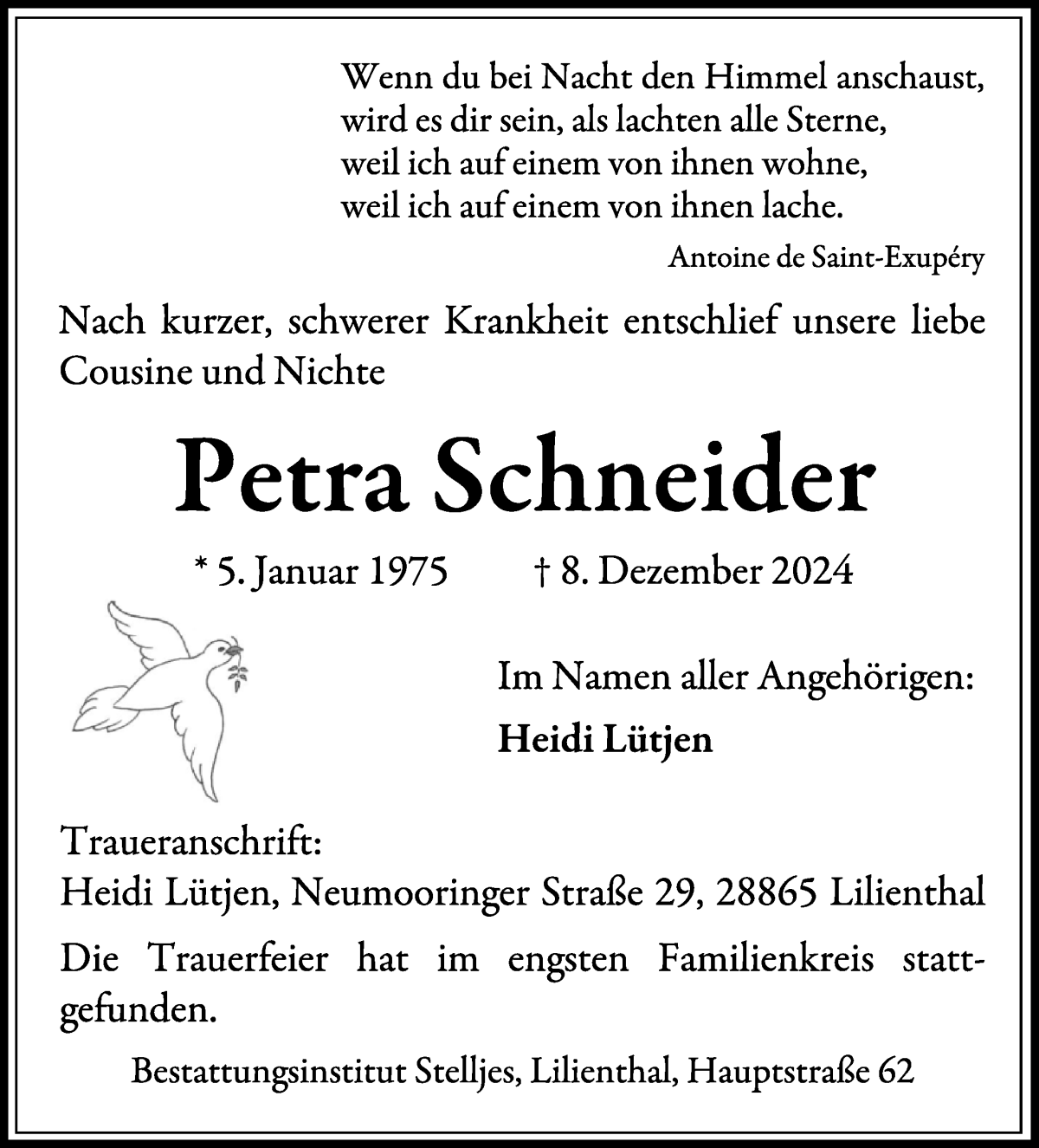 Traueranzeige von Petra Schneider von Wuemme Zeitung