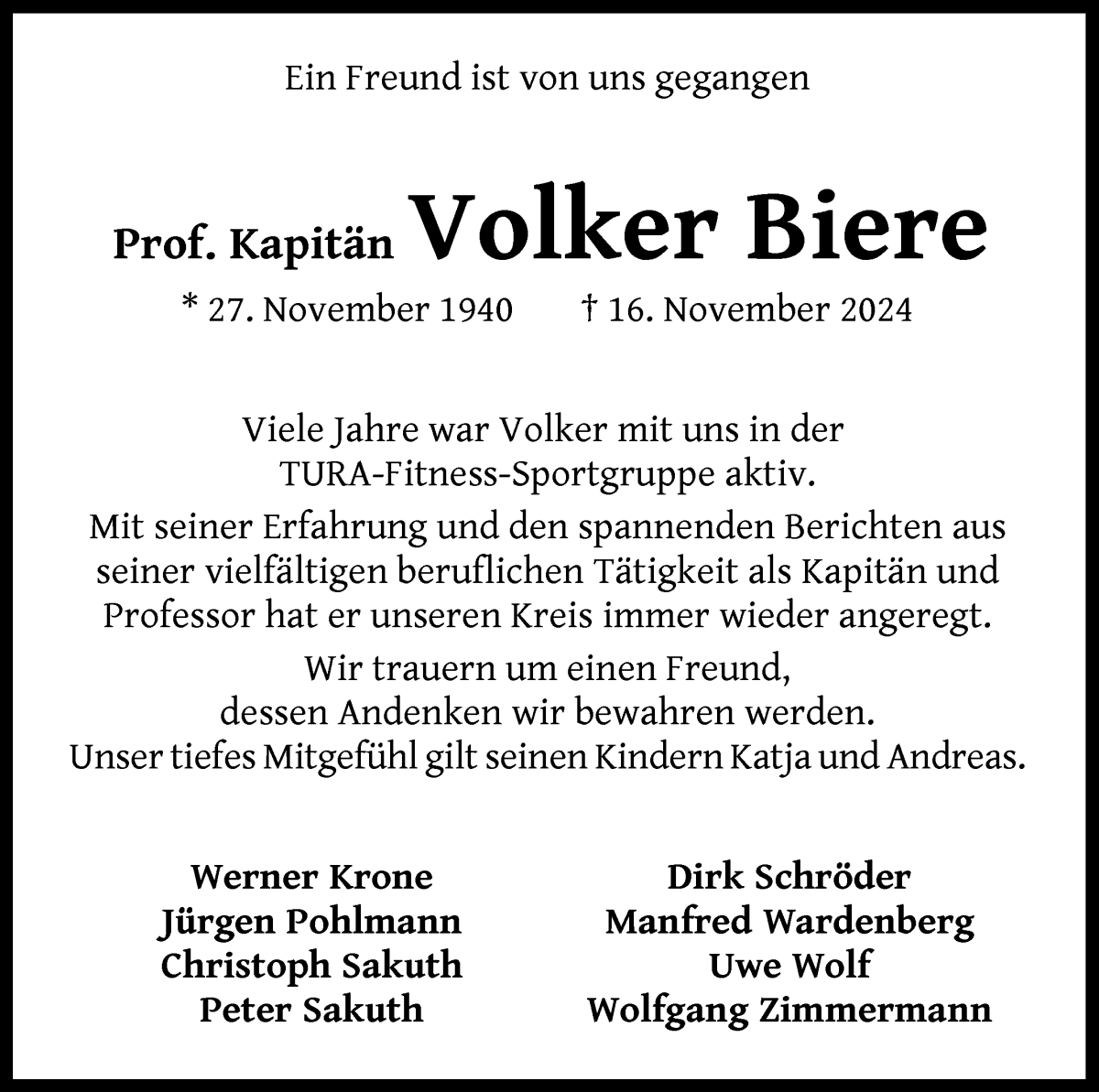 Traueranzeige von Prof. Kapitän Volker Biere von WESER-KURIER