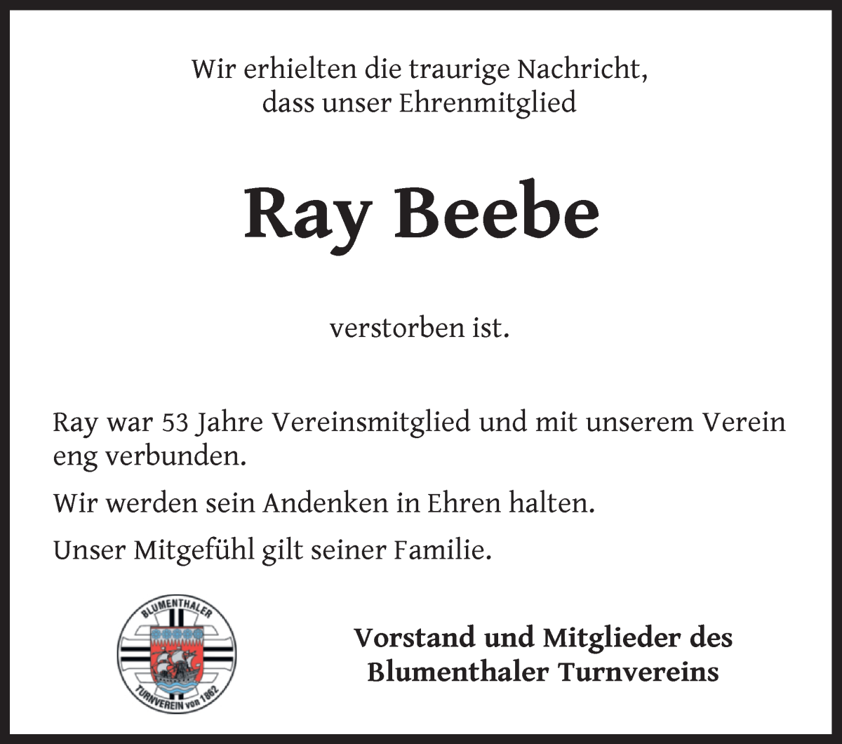 Traueranzeige von Ray Beebe von Die Norddeutsche