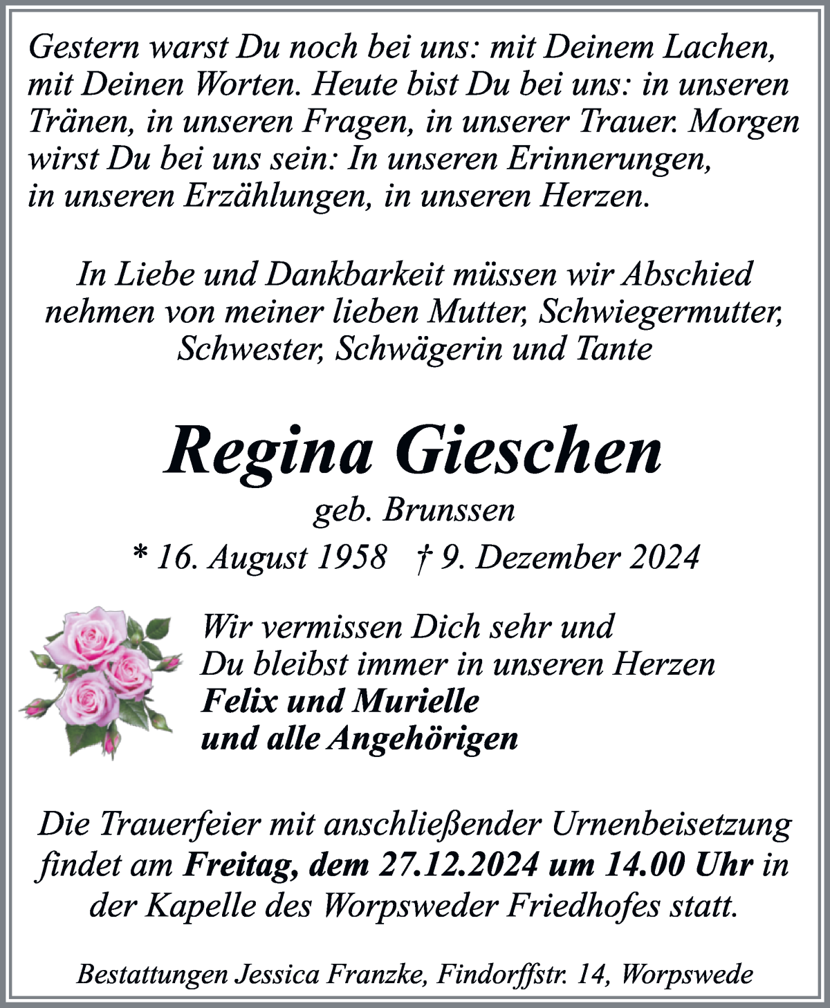 Traueranzeige von Regina Gieschen von Wuemme Zeitung