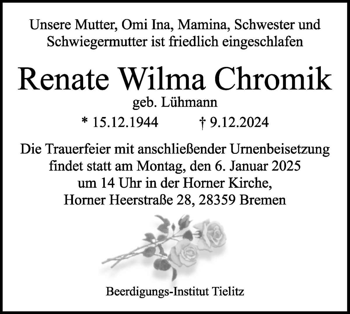 Traueranzeige von Renate Chromik von WESER-KURIER