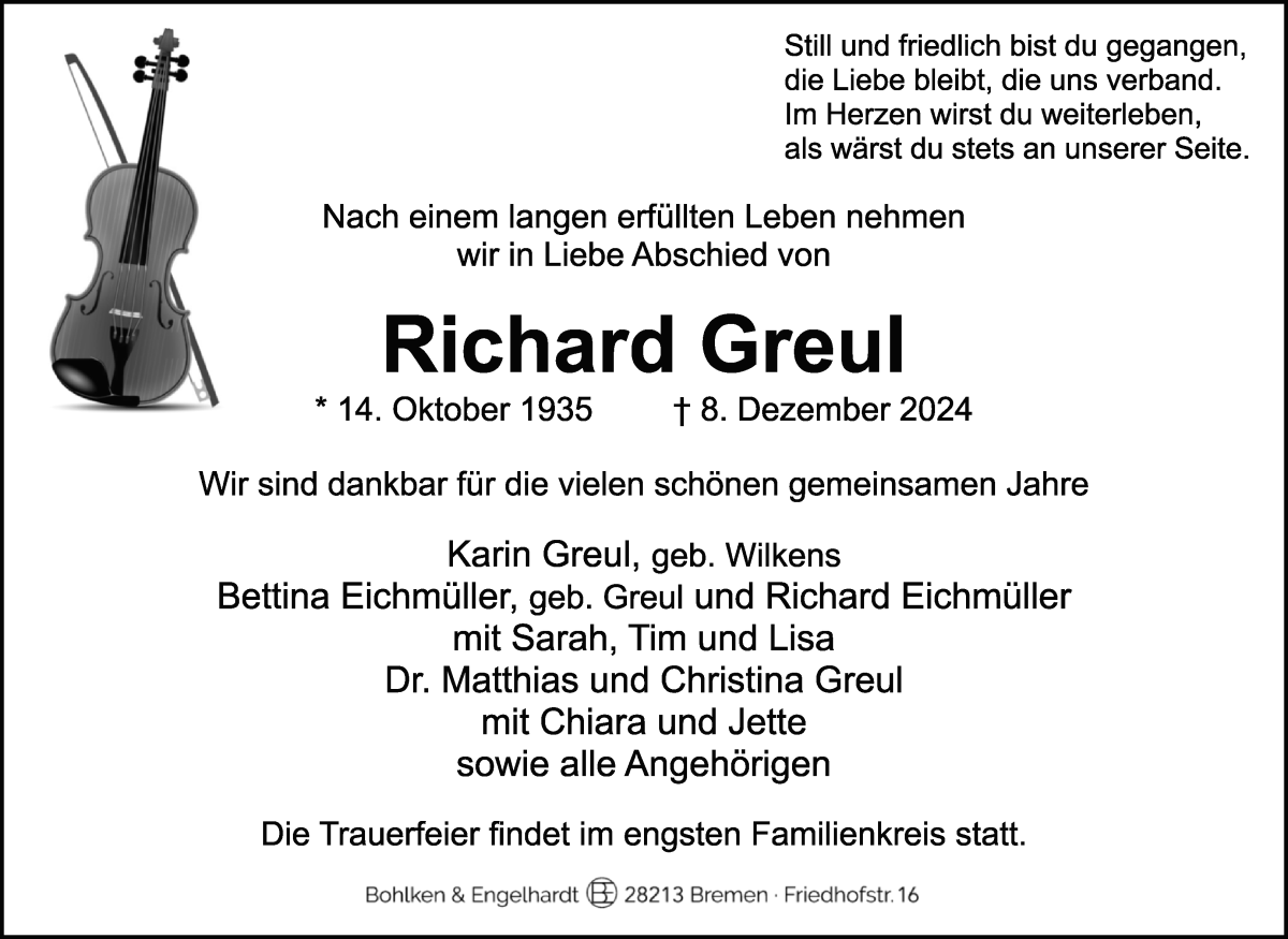  Traueranzeige für Richard Greul vom 14.12.2024 aus WESER-KURIER