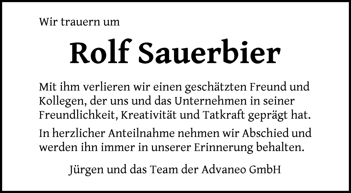  Traueranzeige für Rolf Sauerbier vom 14.12.2024 aus WESER-KURIER