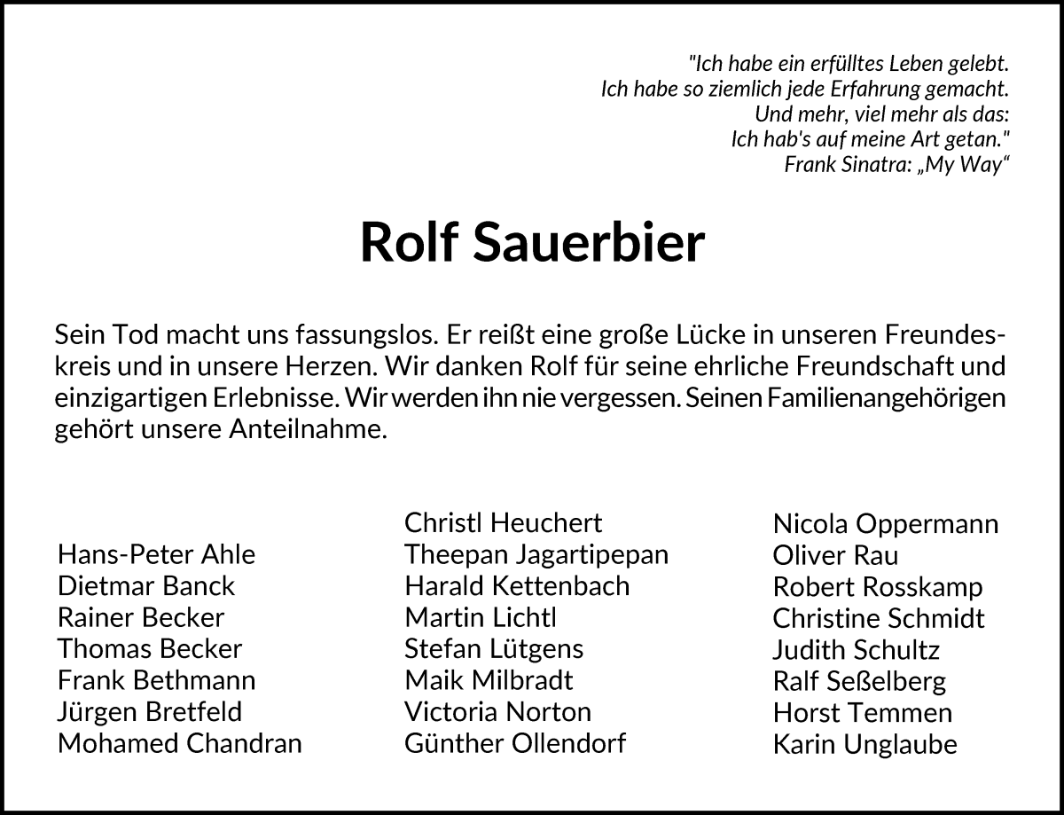  Traueranzeige für Rolf Sauerbier vom 14.12.2024 aus WESER-KURIER