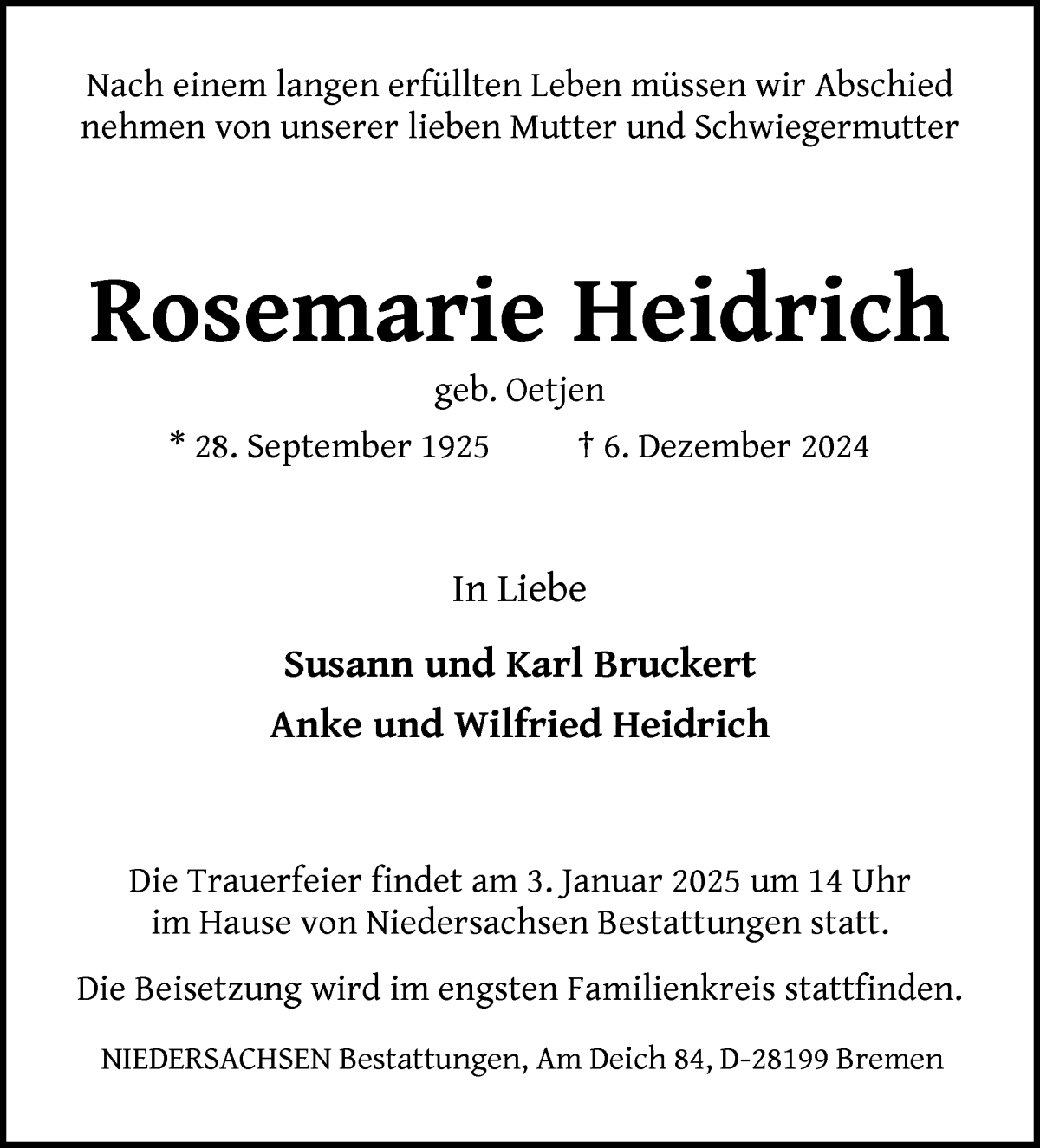 Traueranzeige von Rosemarie Heidrich von WESER-KURIER