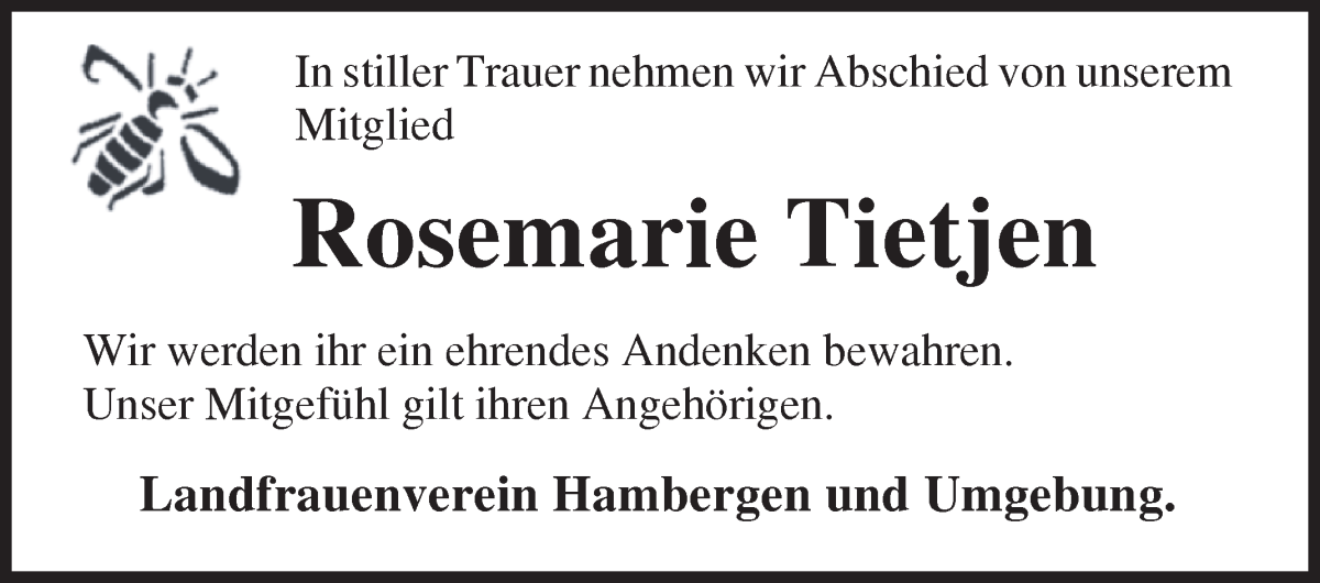 Traueranzeige von Rosemarie Tietjen von Osterholzer Kreisblatt