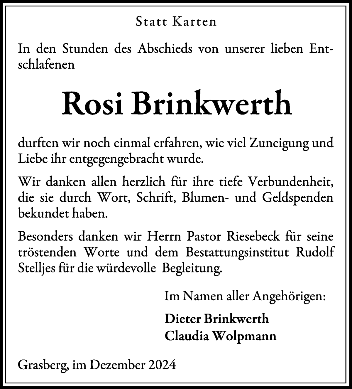 Traueranzeige von Rosi Brinkwerth von Wuemme Zeitung