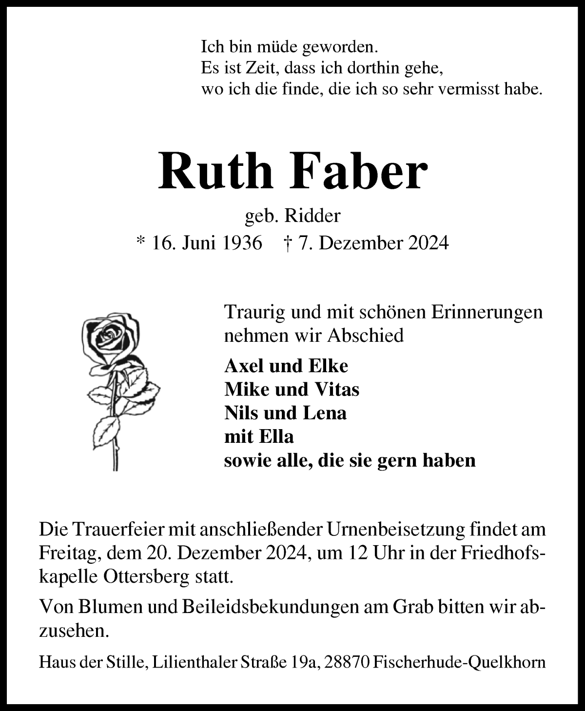 Traueranzeige von Ruth Faber von Achimer Kurier/Verdener Nachrichten