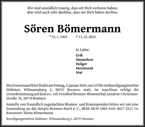 Traueranzeige von Sören Bömermann von Die Norddeutsche