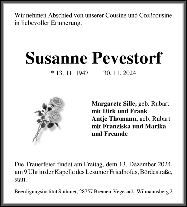 Traueranzeige von Susanne Pevestorf von Die Norddeutsche