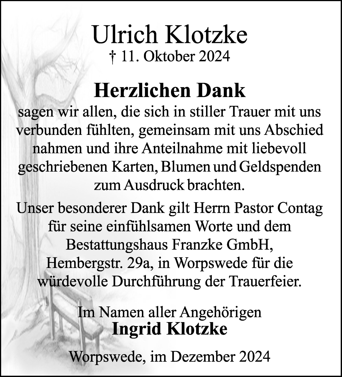 Traueranzeige von Ulrich Klotzke von Osterholzer Kreisblatt