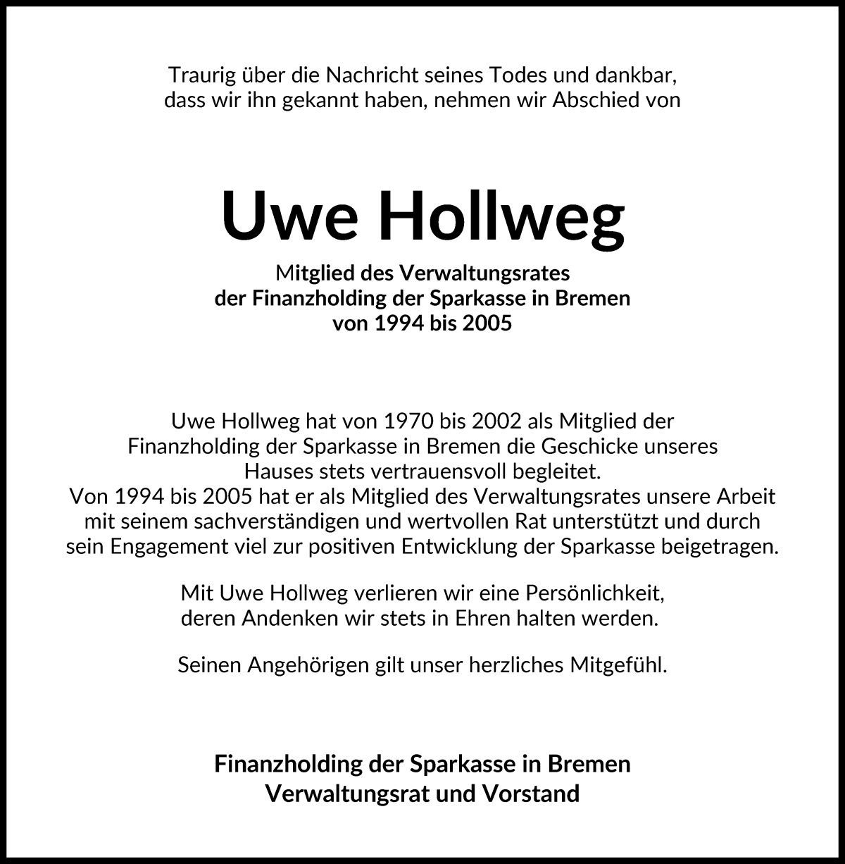 Traueranzeige von Uwe Hollweg von WESER-KURIER