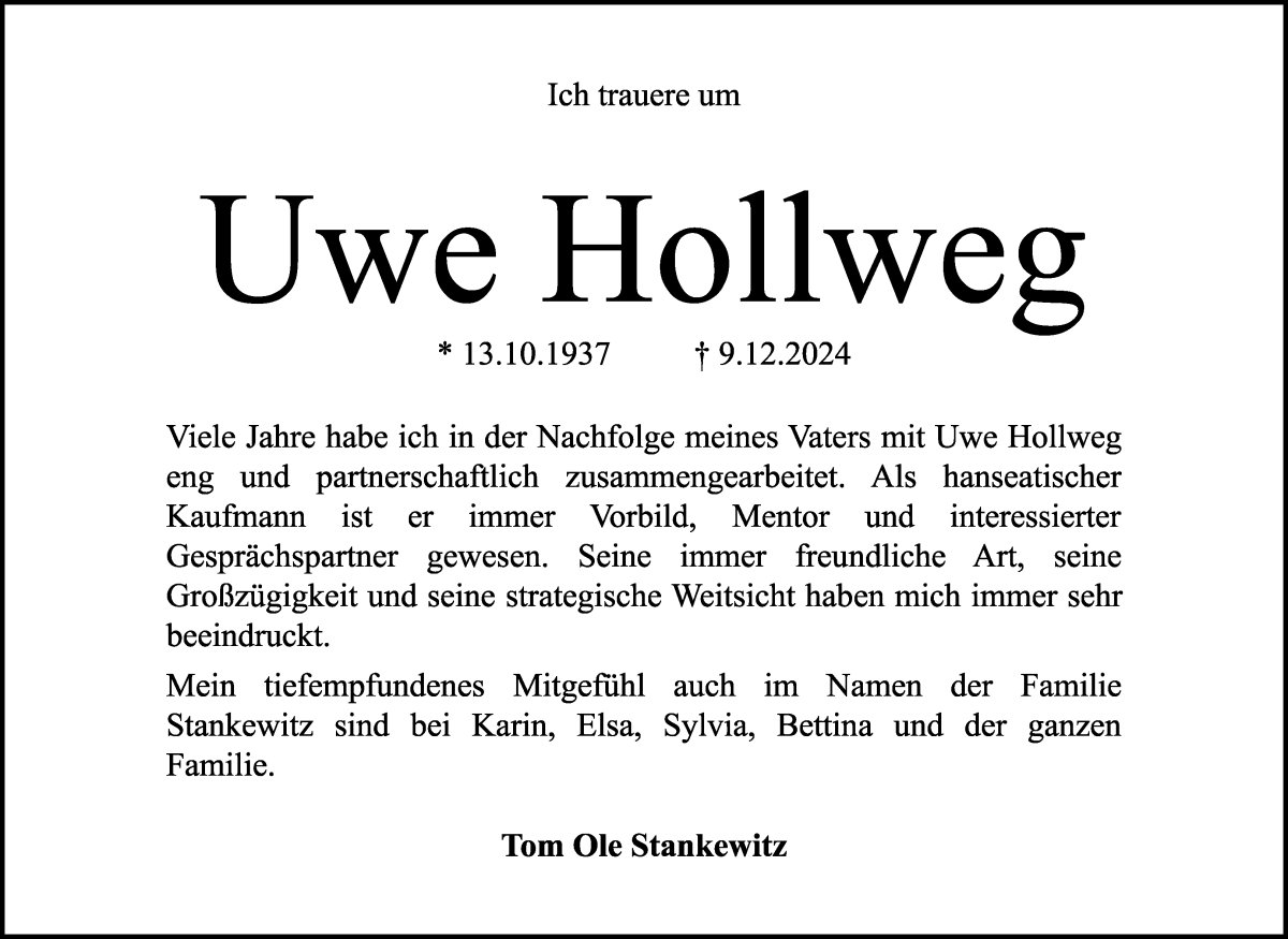 Traueranzeige von Uwe Hollweg von WESER-KURIER