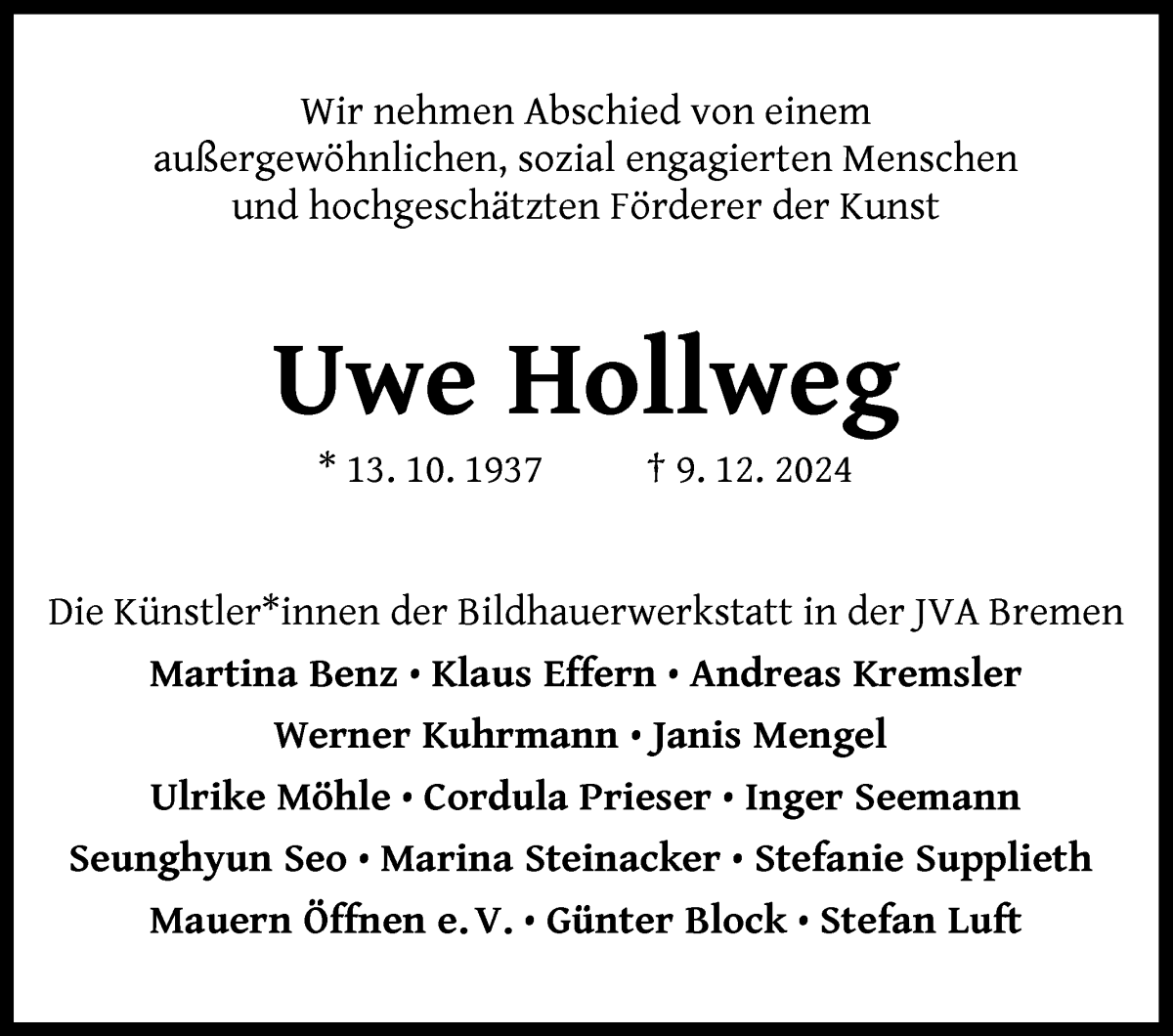 Traueranzeige von Uwe Hollweg von WESER-KURIER