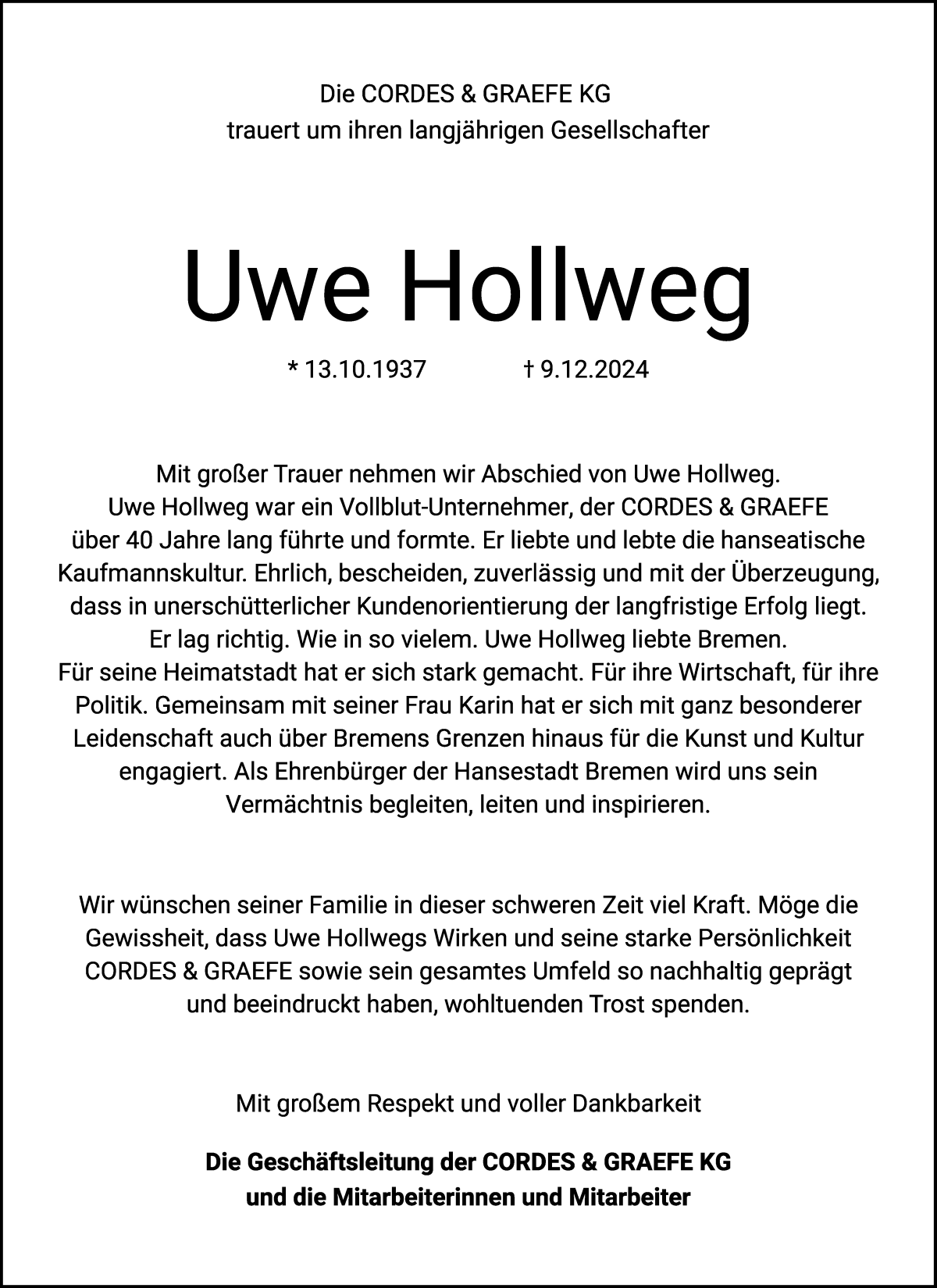 Traueranzeige von Uwe Hollweg von WESER-KURIER