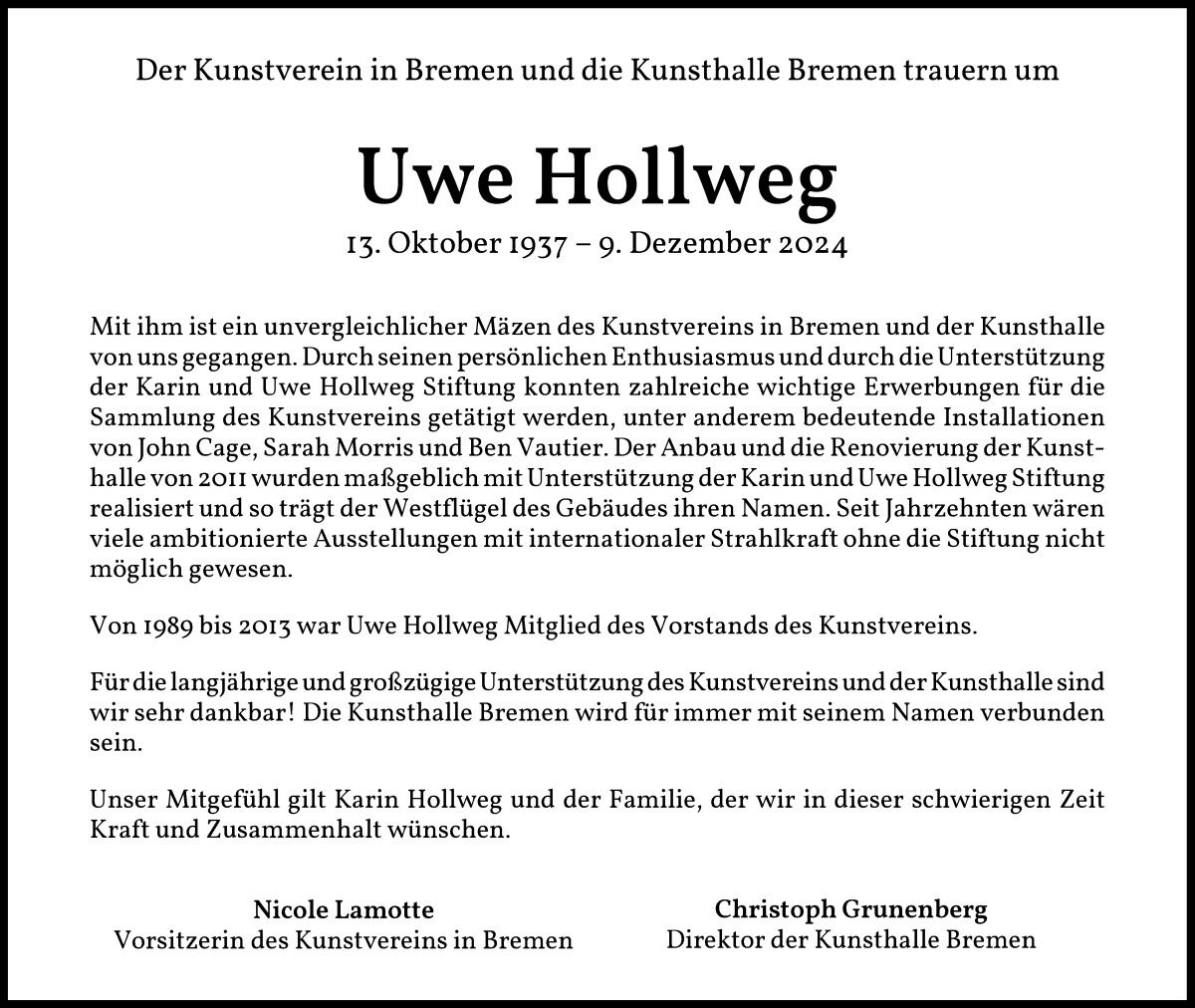 Traueranzeige von Uwe Hollweg von WESER-KURIER