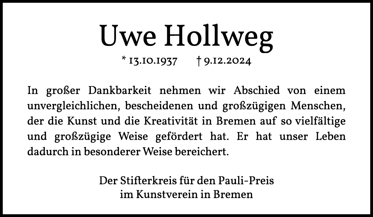 Traueranzeige von Uwe Hollweg von WESER-KURIER