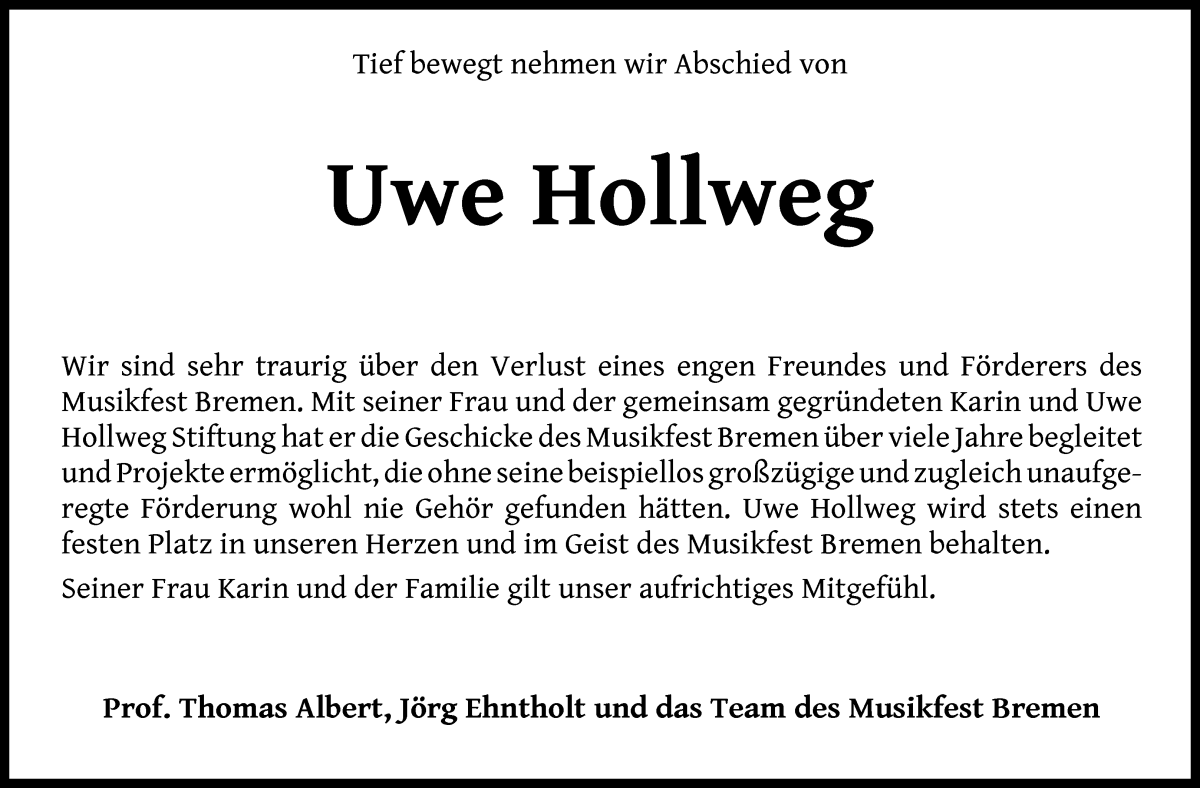 Traueranzeige von Uwe Hollweg von WESER-KURIER