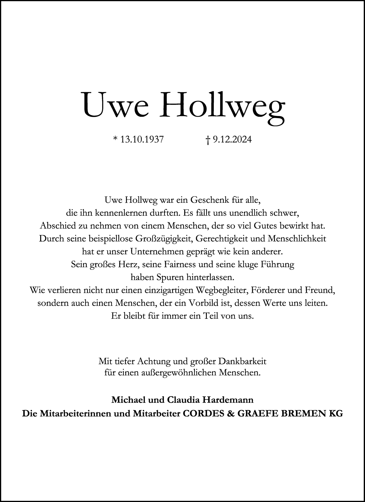 Traueranzeige von Uwe Hollweg von WESER-KURIER