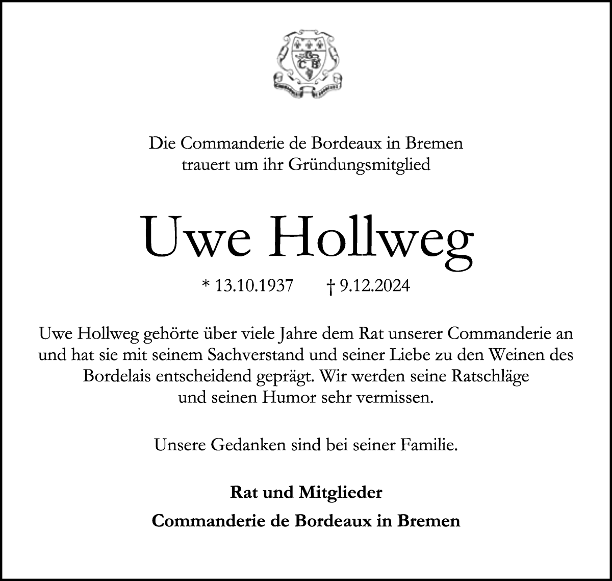 Traueranzeige von Uwe Hollweg von WESER-KURIER