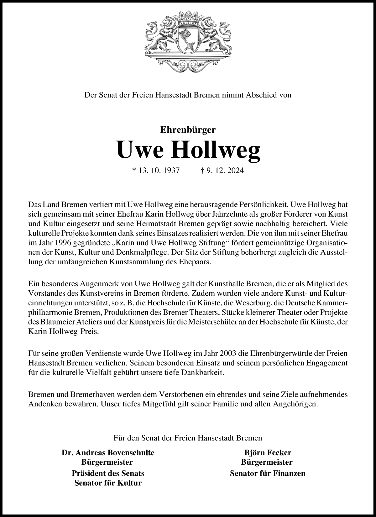 Traueranzeige von Uwe Hollweg von WESER-KURIER