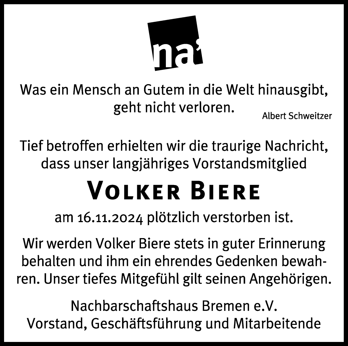 Traueranzeige von Volker Biere von WESER-KURIER