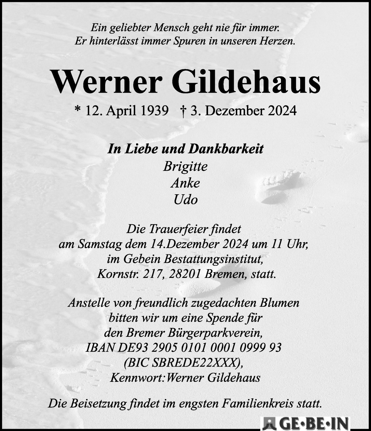 Traueranzeige von Werner Gildehaus von WESER-KURIER