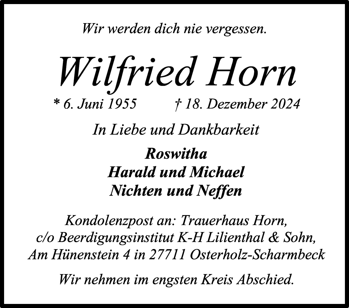 Traueranzeige von Wilfried Horn von Osterholzer Kreisblatt