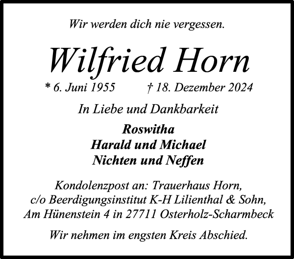 Traueranzeige von Wilfried Horn von Osterholzer Kreisblatt