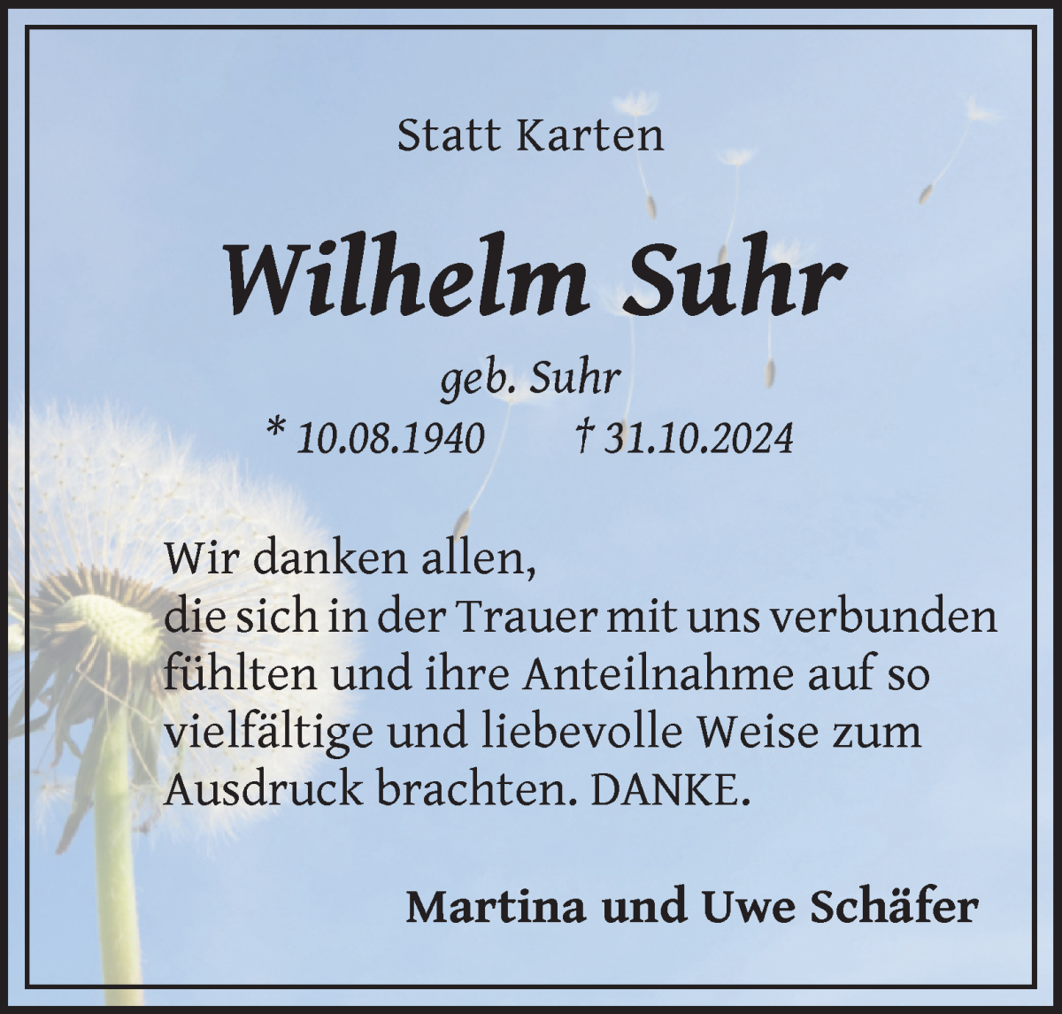 Traueranzeige von Wilhelm Suhr von WESER-KURIER