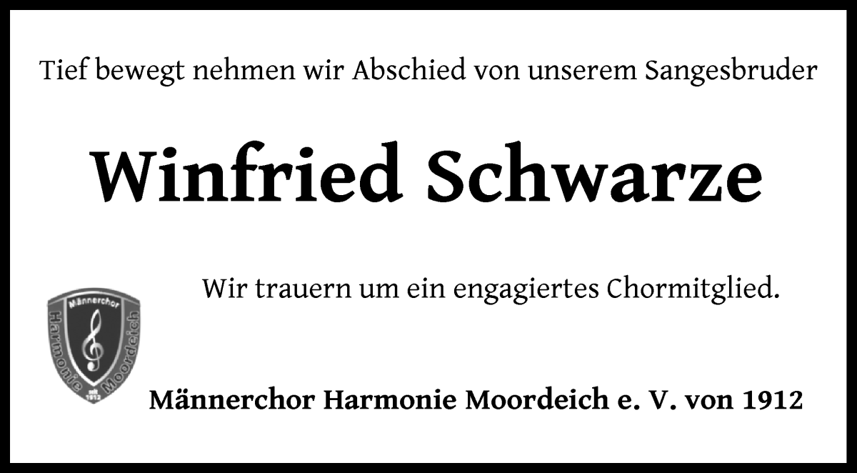 Traueranzeige von Winfried Schwarze von Regionale Rundschau/Syker Kurier