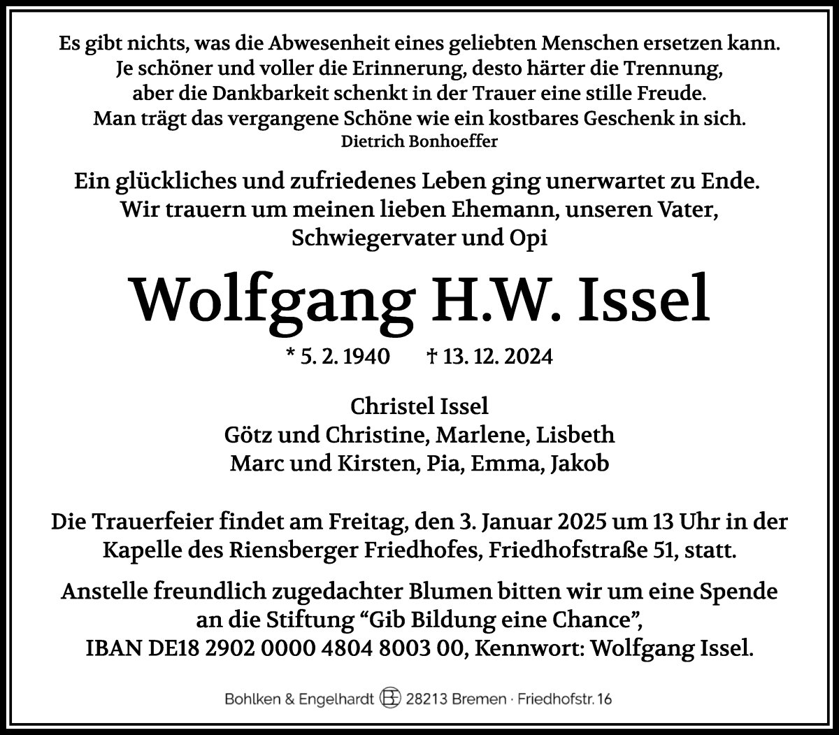 Traueranzeige von Wolfgang Issel von WESER-KURIER