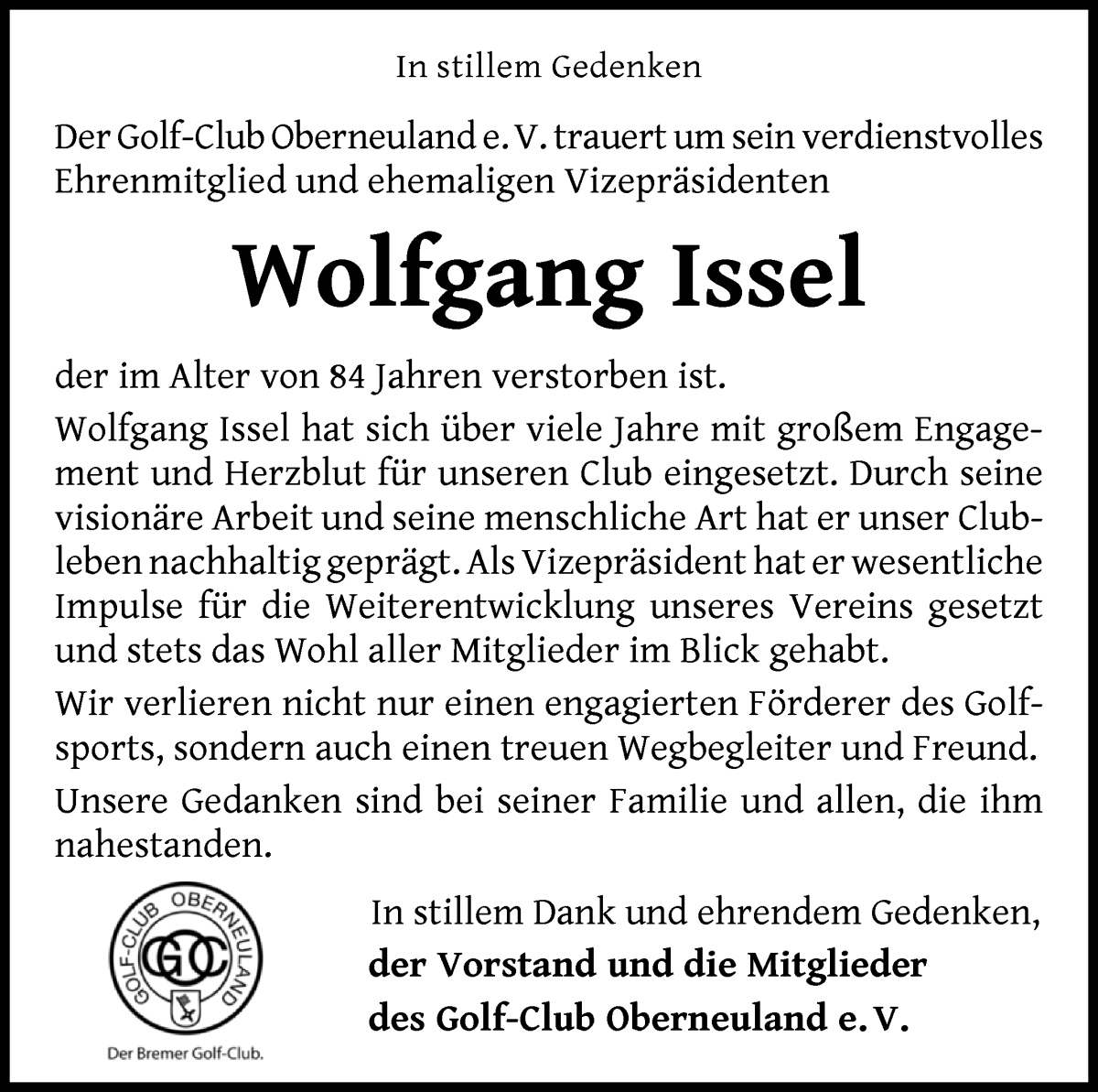 Traueranzeige von Wolfgang Issel von WESER-KURIER