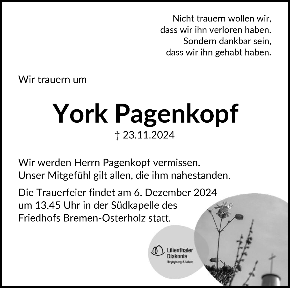 Traueranzeige von York Pagenkopf von WESER-KURIER